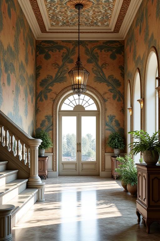 Ingresso di una villa storica con carta da parati che richiama affreschi marini, accoglienza maestosa